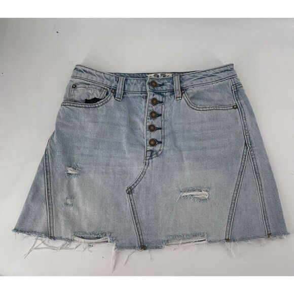 Free People Jean Skirt We The Free Denim Mini Distressed Size 27 Button Fly Boho - Picture 5 of 7